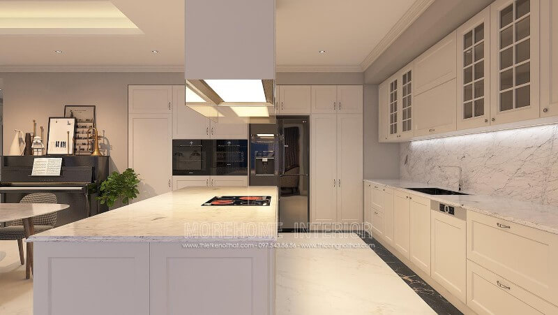 Thiết kế nội thất tủ bếp sang trọng và tinh tế với màu trắng tinh khôi, thanh thoát Thiết kế tủ bếp đẹp