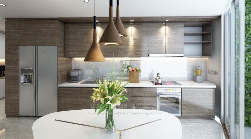 Thiết kế tủ bếp gỗ An Cường cho chung cư hiện đại. Để tạo nên không gian bếp ấn tượng, sạch sẽ và rộng rãi, gia chủ đã lựa chọn sử dụng đá ốp bên màu trắng solid surface cao cấp góp phần tạo nên một không gian bếp đẹp mắt Thiết kế tủ bếp đẹp