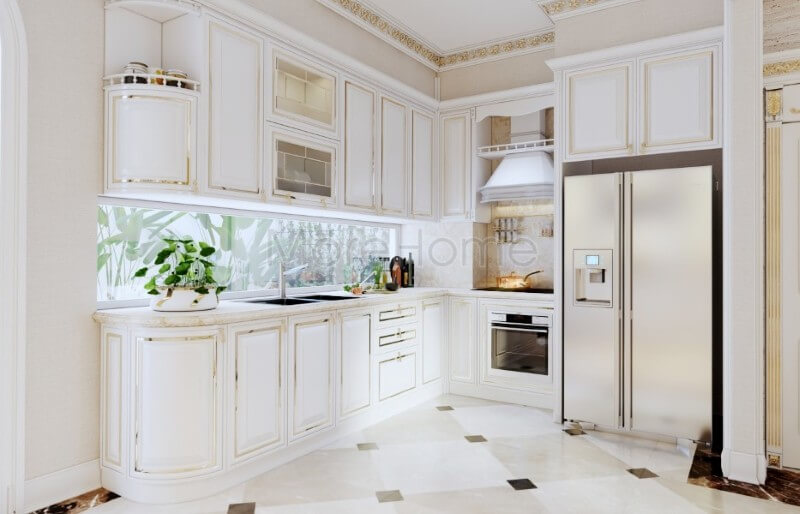 Thiết kế tủ bếp biệt thự kiểu dáng chữ L tân cổ điển đẹp mắt, từng chi tiết tinh tế trang trí đường ánh kim đơn giản tạo điểm nhấn đặc biệt giúp tăng thêm tính thẩm mỹ cho không gian nhà bếp Thiết kế tủ bếp đẹp