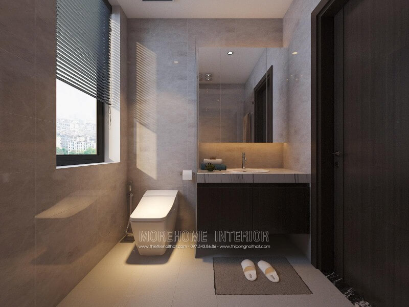 Tủ phòng tắm sẫm màu kết hợp cùng mặt bàn đá lavabor cùng sắp xếp hiện đại giúp cho phòng tắm nhỏ trở nên đẹp, sang trọng và đầy tiện ghi. Mẫu nội thất biệt thự đẹp